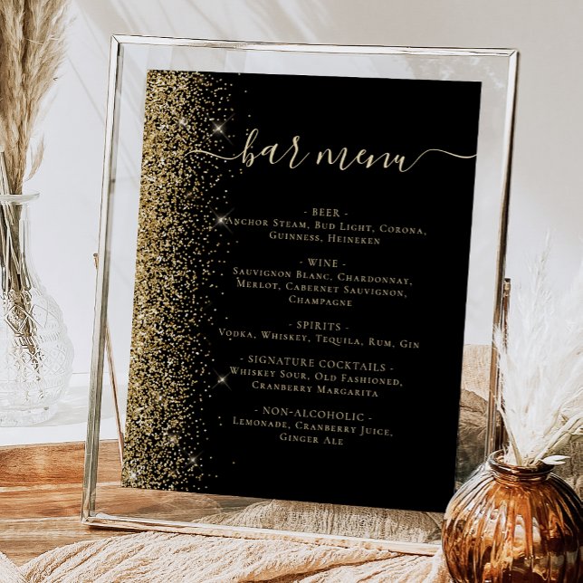 Poster Mariage Bar Menu Black Gold Parties scintillant (Créateur téléchargé)