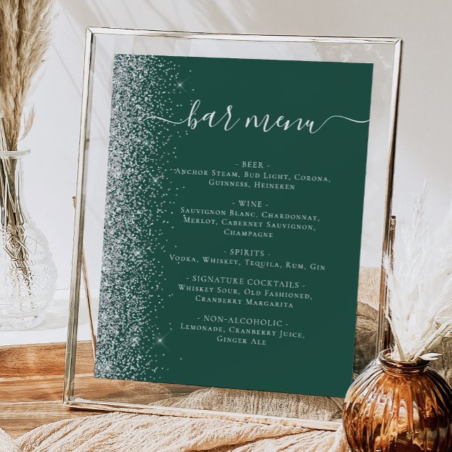 Poster Mariage Bar Menu Dark Green Silver Parties scintil (Créateur téléchargé)
