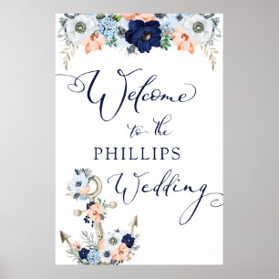 Poster Mariage Bienvenue Ancre florale nautique
