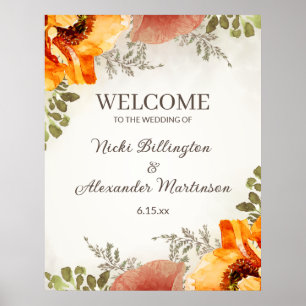 Poster Mariage Bienvenue Burange Orange Floral Noms Date