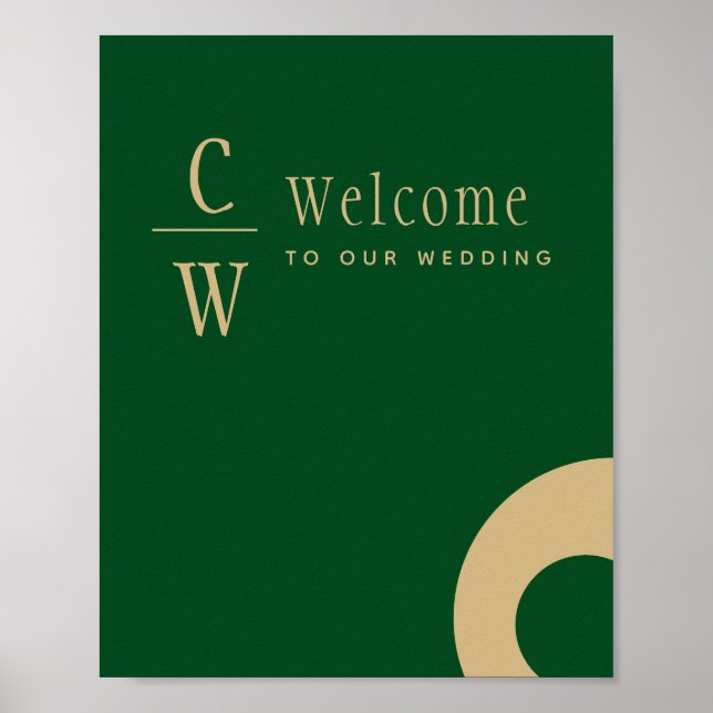 Poster Mariage Bienvenue Emerald Green Monogramme or (Devant)