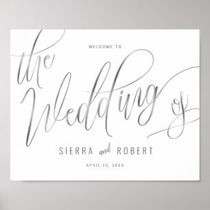 Poster Mariage Bienvenue Faux Argent Main Lettré Script