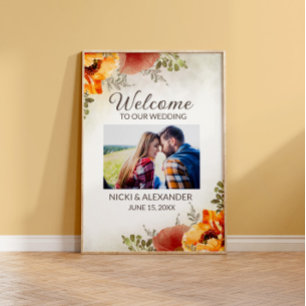 Poster Mariage Bienvenue Fleur Photo Orange Brûlé