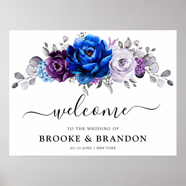Poster Mariage Bienvenue Fleur Royale Bleu Violet Lilas F (Devant)