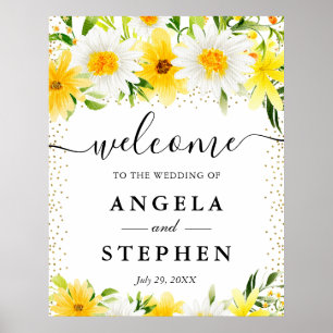 Poster Mariage Bienvenue Marguerites et Fleurs Jaunes