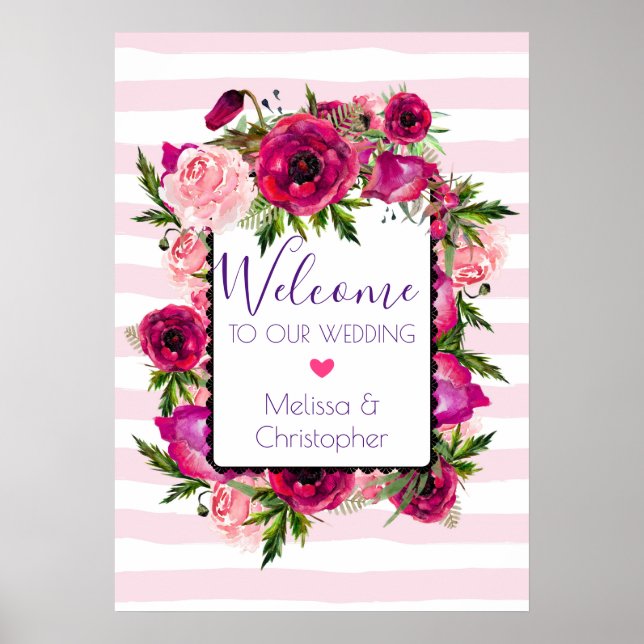 Poster Mariage Bienvenue Rose rose & Bouquet floral Poppy (Devant)