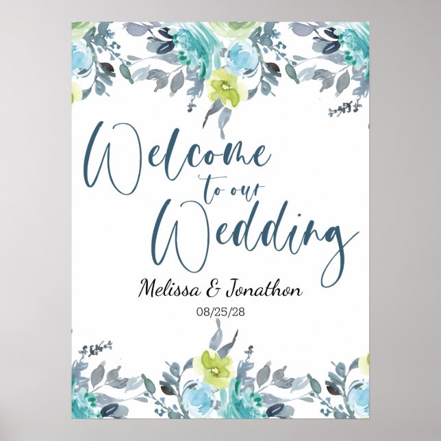 Poster Mariage bleu clair jaune vert Floral (Devant)