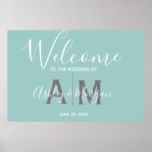 Poster Mariage bleu moderne Couples Monogramme Bienvenue
