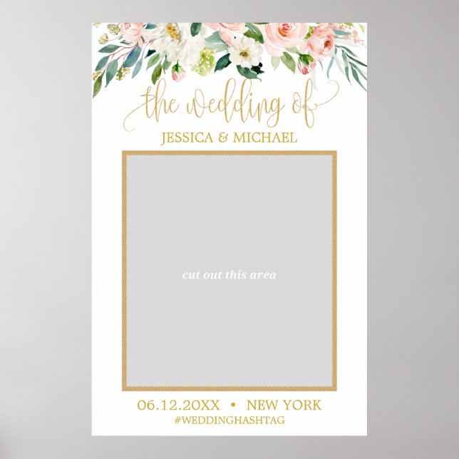 Poster Mariage bohème floral rose et paillettes dorées (Devant)