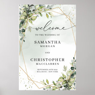 Poster Mariage branché Boho eucalyptus cadre or bienvenue