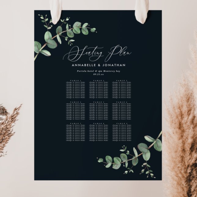 Poster Mariage budget Eucalyptus noir chic plan de sièges (Créateur téléchargé)