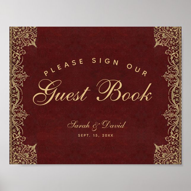 Poster Mariage Burgundy Gold S'il vous plaît signer notre (Devant)