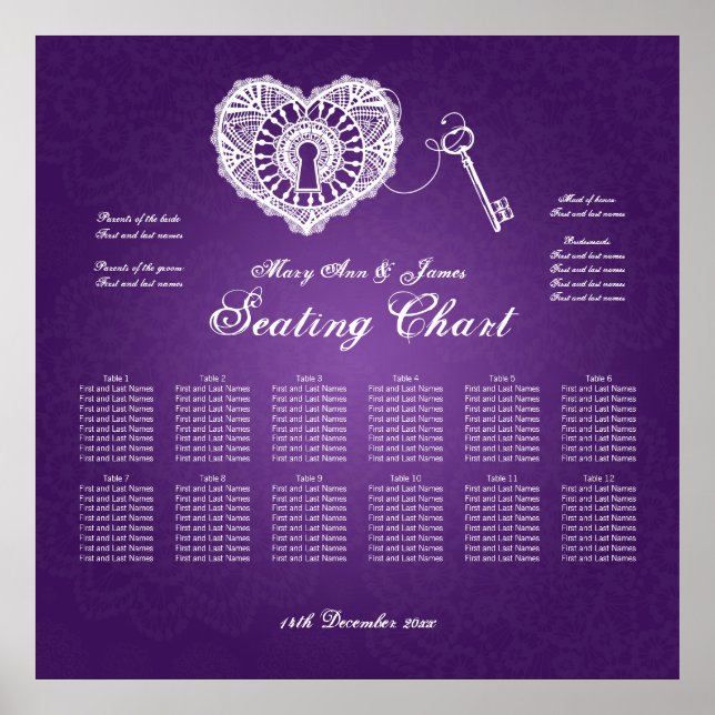 Poster Mariage Carte de siège Clé de mon coeur pourpre (Devant)