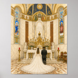 Poster Mariage catholique : mariée et marié à l'église