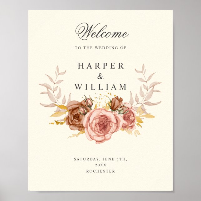 Poster mariage champagne roses douces roses (Devant)
