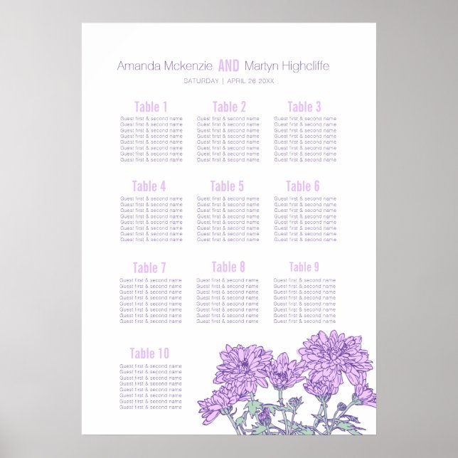 Poster Mariage chrysanthemum fleurs violet plan de table (Devant)
