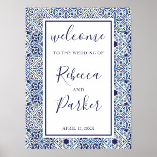 Poster mariage d'accueil en carreaux bleus