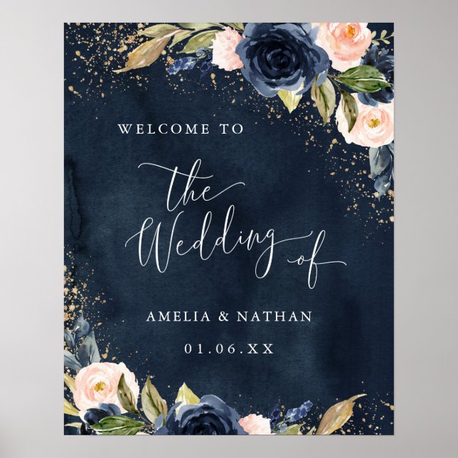 Poster Mariage d'accueil Floral Gold Navy (Devant)