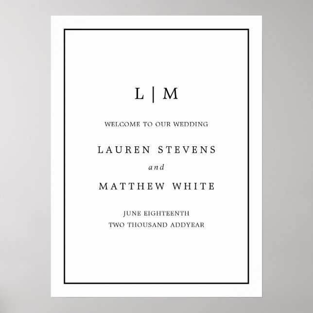 Poster Mariage d'accueil simple noir blanc Monogramme (Devant)