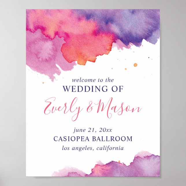Poster Mariage d'aquarelle Abstraite rose et violet corai (Devant)