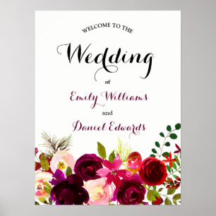 Poster Mariage d'aquarelle florale Boho rouge Bourgogne