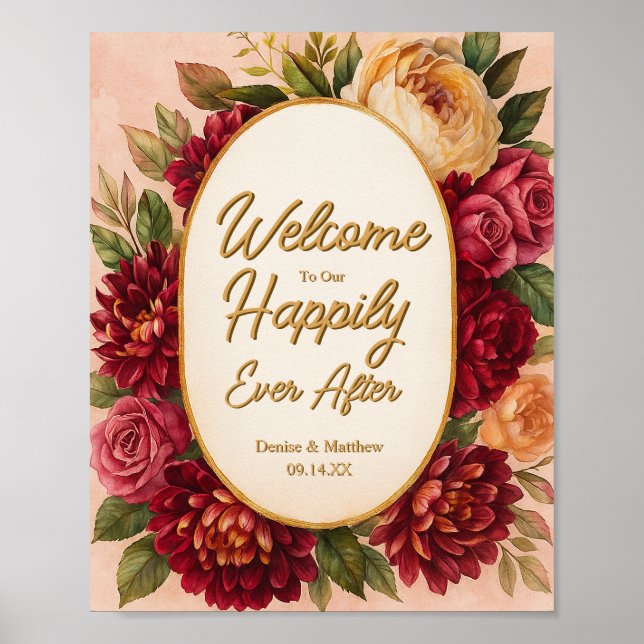 Poster Mariage d'aquarelle florale de Bourgogne (Devant)