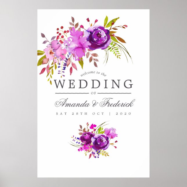 Poster Mariage d'aquarelle violet et violet (Devant)