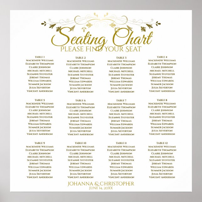 Poster Mariage de 12 tables simple Gold & White (Devant)