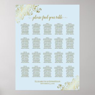 Poster Mariage de 20 tables en poudre bleu et or