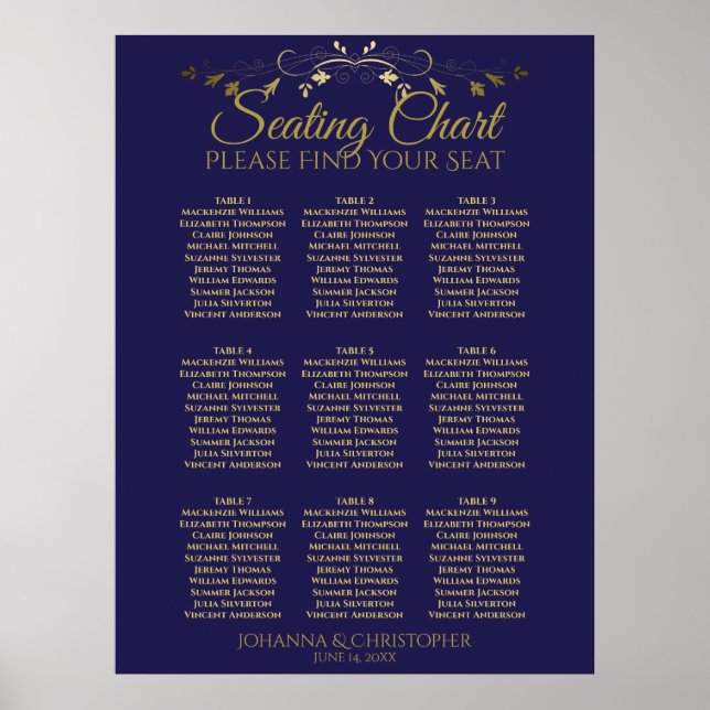 Poster Mariage de 9 tables simple Gold & Navy (Devant)