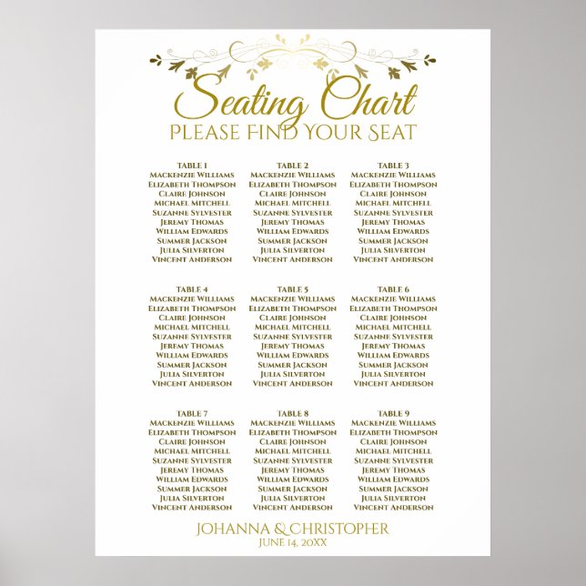 Poster Mariage de 9 tables simple Gold & White (Devant)