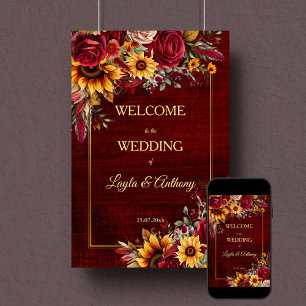 Poster Mariage de automne bordeaux tournesols bienvenus