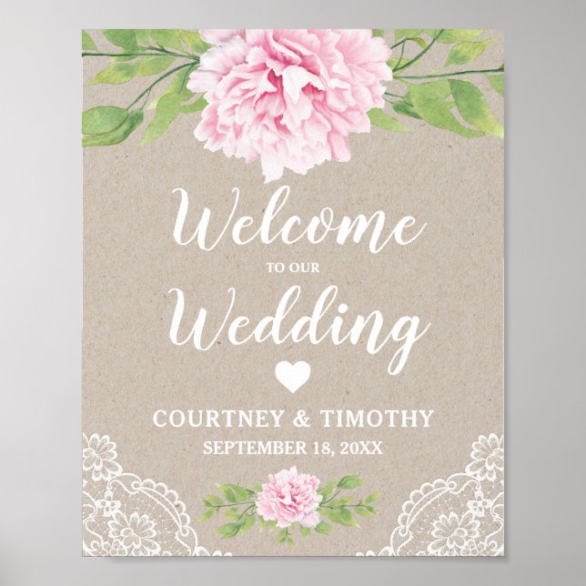 Poster Mariage de bienvenue Dentelle Rustique Aquarelle | (Devant)