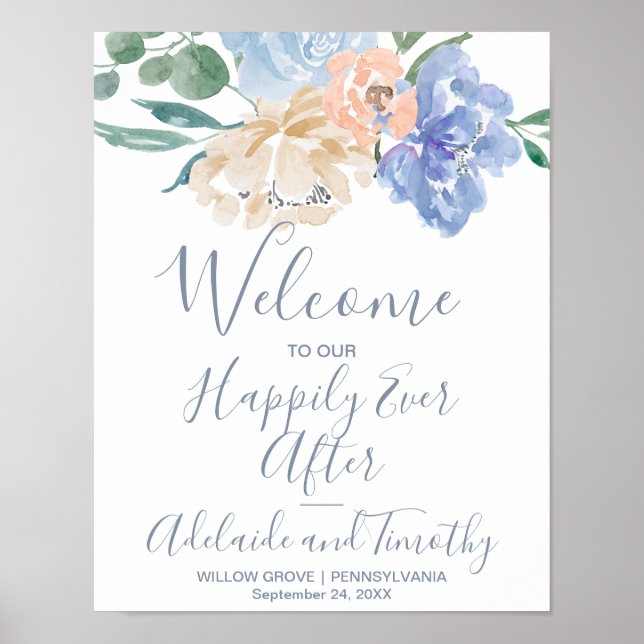 Poster Mariage de bienvenue Dusty Blue Florals (Devant)