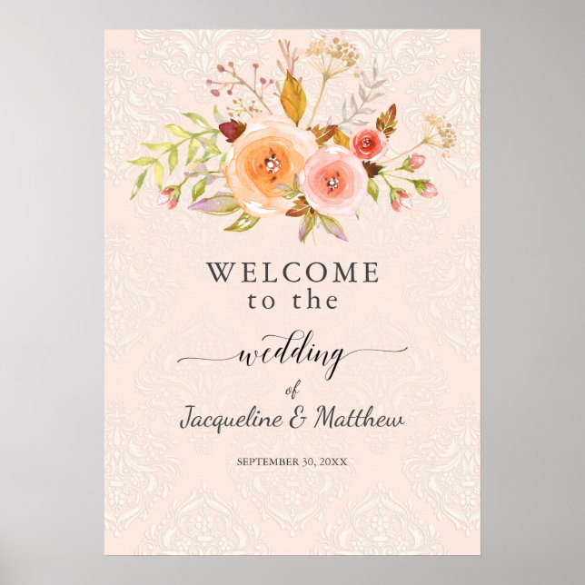 Poster Mariage de bienvenue Floral Damask Aquarelle (Devant)