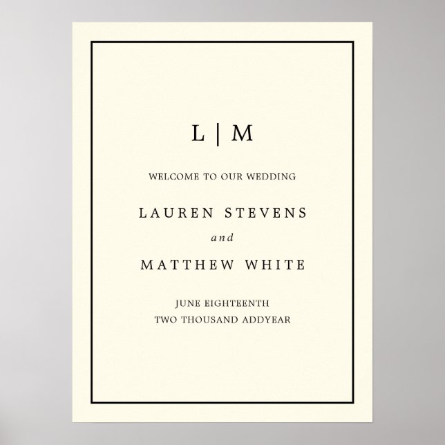 Poster Mariage de bienvenue simple Monogram Ivory (Devant)