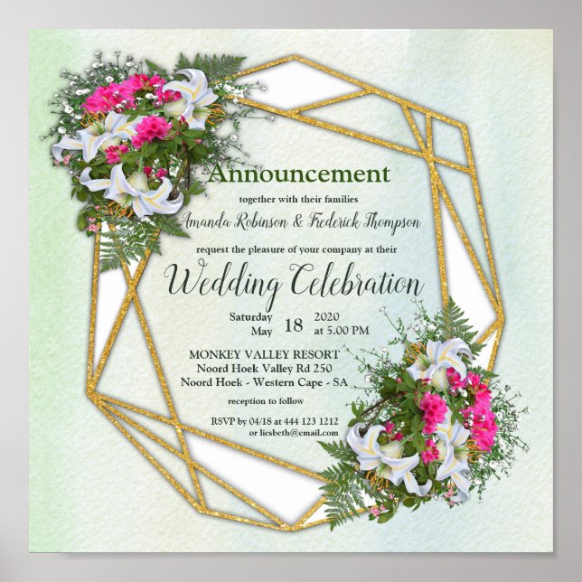 Poster Mariage de bouquet de cadre d'or géométrique (Devant)