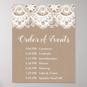 Poster Mariage de Burlap et dentelle Ordre des événements
