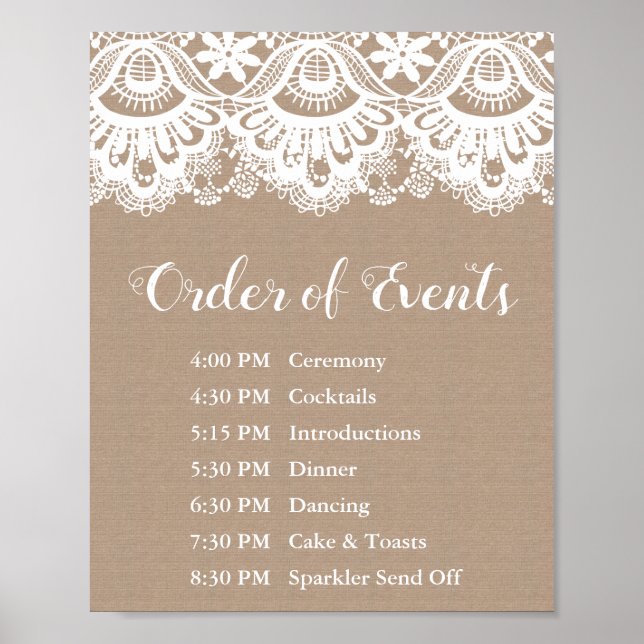 Poster Mariage de Burlap et dentelle Ordre des événements (Devant)
