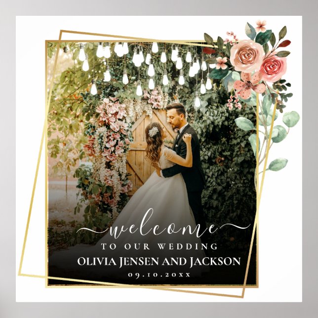 Poster Mariage de cadre doré rose fleuri de bienvenue (Devant)