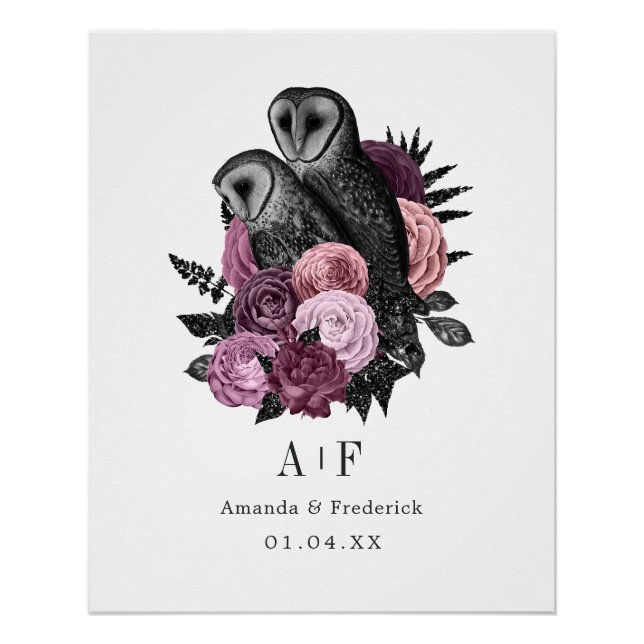 Poster Mariage de Chouettes gothiques de Glam Floral Mauv (Devant)