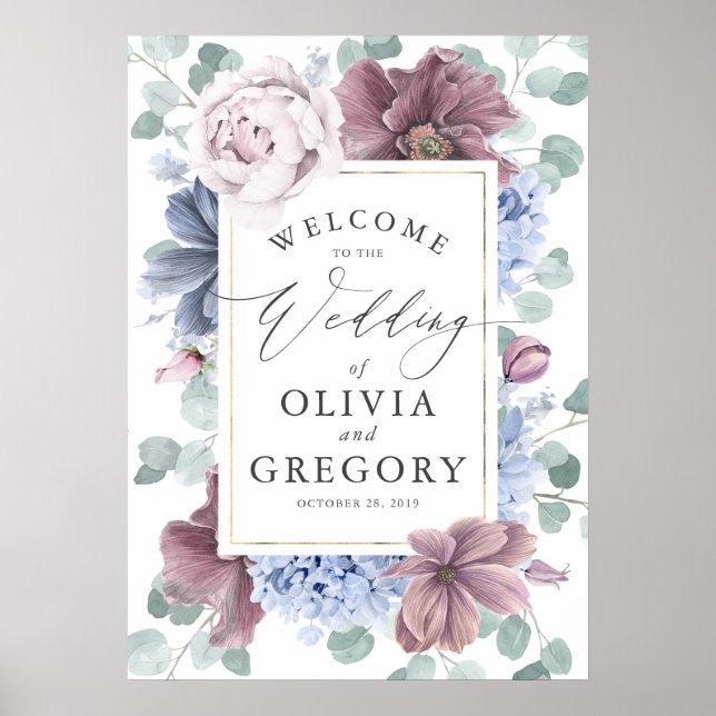 Poster Mariage de couronnes florales bleu mauve et Dusty (Devant)