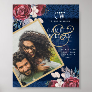 Poster Mariage de dentelle florale bleu Bourgogne