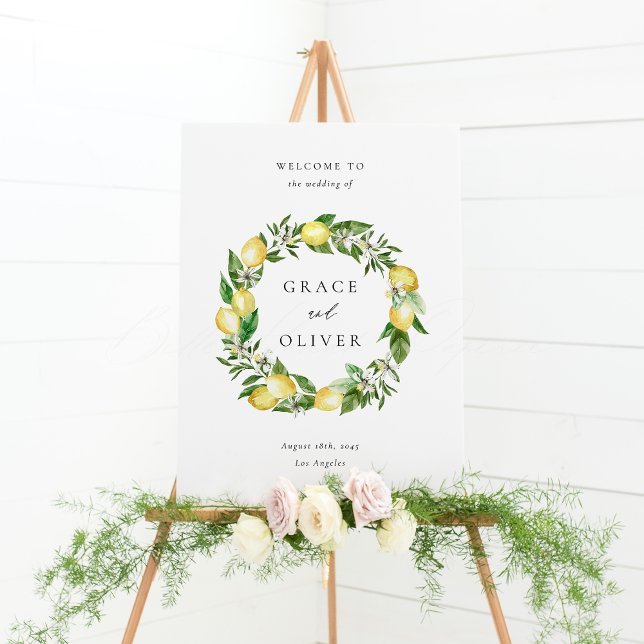 Poster Mariage de design de couronnes et de citron botani ( Customizable Wedding Welcome Sign with Watercolor Lemons, Blossoms & Greenery Wreath)