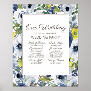 Poster Mariage de fête floral bleu marine jaune blanc