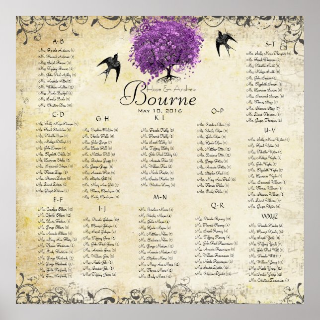 Poster Mariage de feuille d'arbre de coeur violet radiant (Devant)