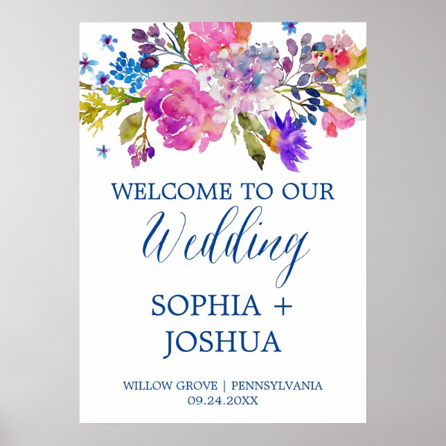 Poster Mariage de fleurs d'aquarelle violet et rose (Devant)