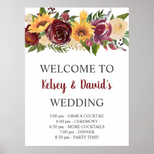 Poster Mariage de fleurs de soleil jaune bordeaux Bienven