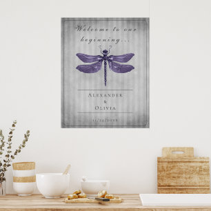 Poster Mariage de libellules à bijoux pourpre Bienvenue