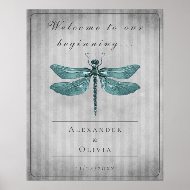 Poster Mariage de libellules à bijoux turquoise Bienvenue (Devant)